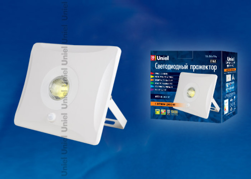 Прожектор светодиодный ULF-F31-30W/DW SENSOR IP65 с датчиком движения. Корпус белый. Цвет свечения дневной белый. Упаковка картон.