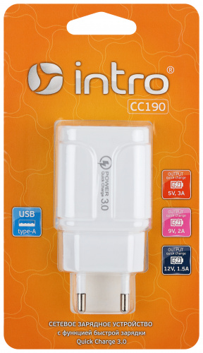 Сетевое зарядное устройство Intro CC190 1 USB быстрая зарядка QC3.0 3A белая фото 2